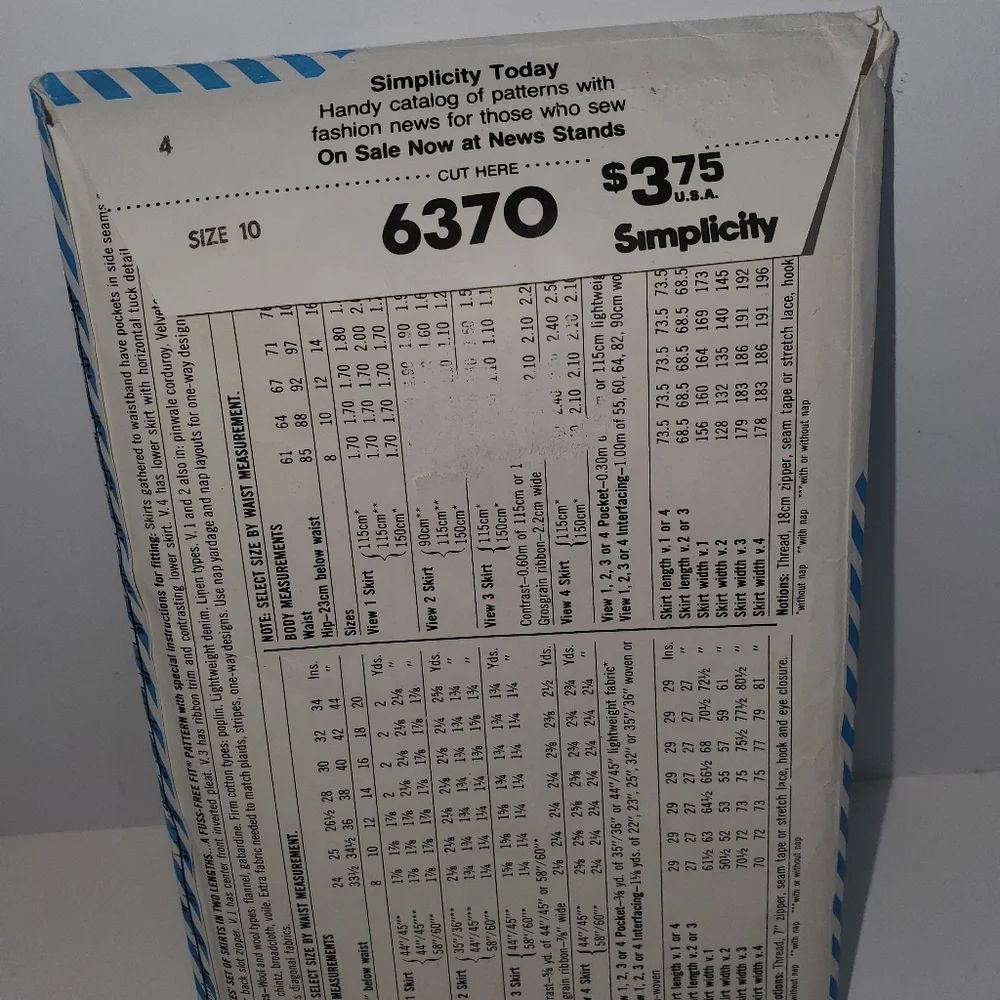 Simplicity Fuss Free Fit 6370 Sewing Pattern Skirt with Pockets 1983 Size 10 CUT